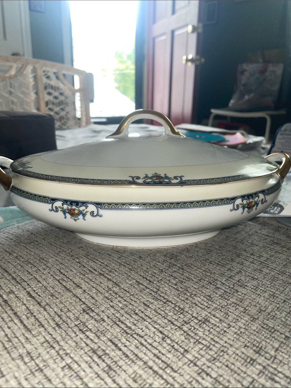 Vintage Mid Century Cream and Gold Lidded Serving Casserole with Blue Accents